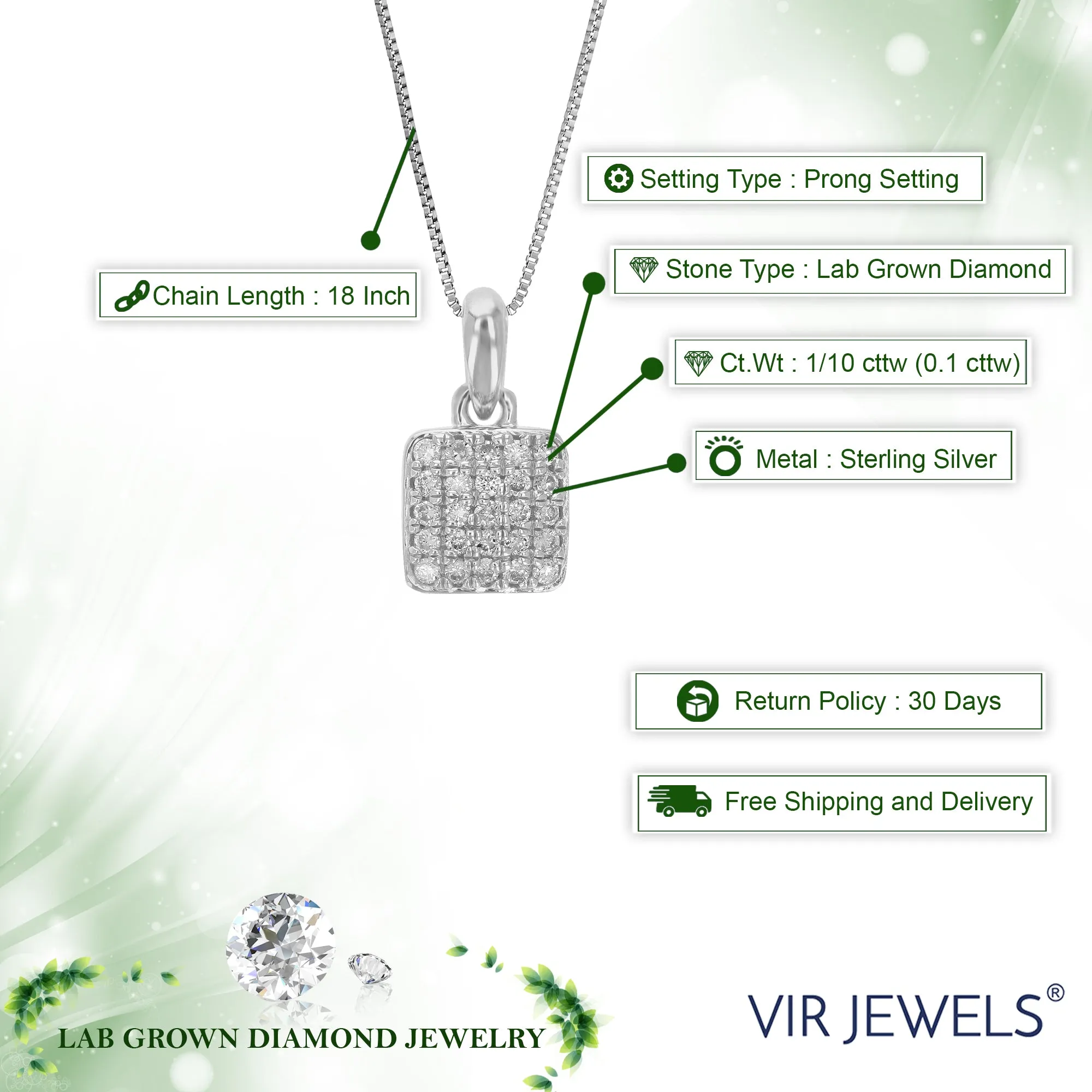 1/10 cttw Lab Grown Diamond Square Pendant Necklace .925 Sterling Silver 1/4 Inch With 18 Inch Chain