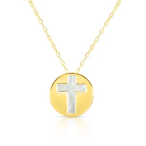 14kt Gold 16 inches Yellow Finish Chain:0.8mm Center Round Pendant:11mm Shiny Fancy Necklace with 1 inches Extender Spring Ring Clasp with  Mother of Pearl Cross