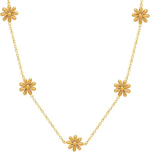 18K Gold Plated Daisy Flower Station Necklace for Women - Delicate Titanium Steel Non-tarnish Choker Necklace 16" with Adjustable Chain, Perfect Layering Jewelry