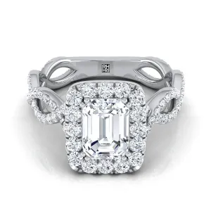 18K White Gold Emerald Cut Diamond Ribbon Twist French Pave Halo Engagement Ring -3/4ctw