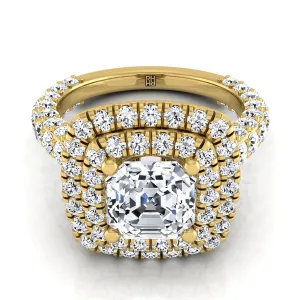 18K Yellow Gold Asscher Cut Diamond Bold and Fancy Double Halo French Pave Engagement Ring -2ctw