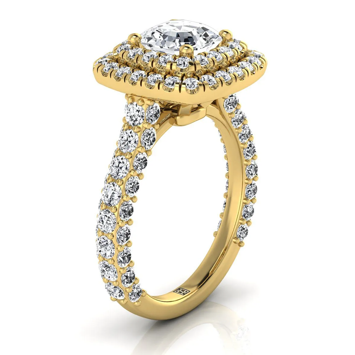18K Yellow Gold Asscher Cut Diamond Bold and Fancy Double Halo French Pave Engagement Ring -2ctw