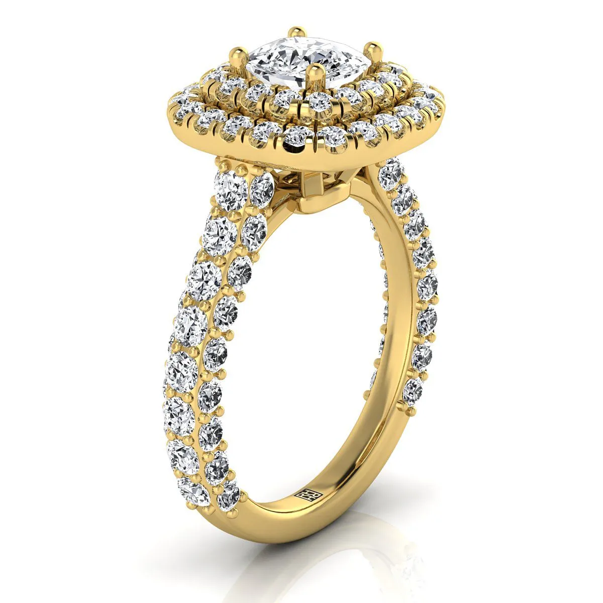 18K Yellow Gold Cushion Diamond Bold and Fancy Double Halo French Pave Engagement Ring -2ctw