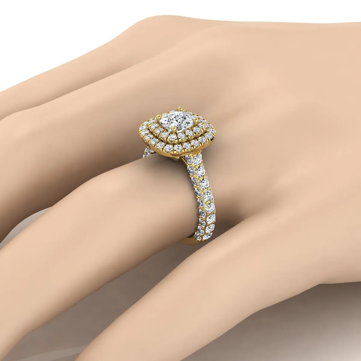 18K Yellow Gold Cushion Diamond Bold and Fancy Double Halo French Pave Engagement Ring -2ctw