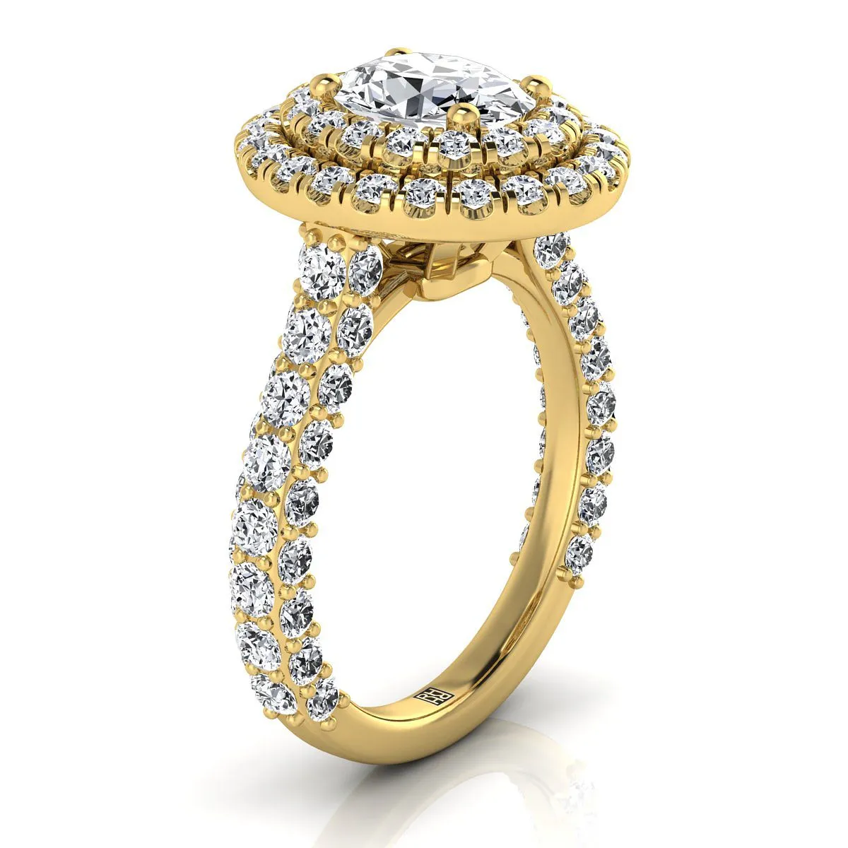18K Yellow Gold Oval Diamond Bold and Fancy Double Halo French Pave Engagement Ring -2ctw