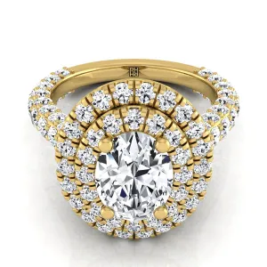18K Yellow Gold Oval Diamond Bold and Fancy Double Halo French Pave Engagement Ring -2ctw
