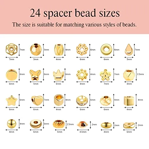 2520 PCS Gold Spacer Beads for Jewelry Making Kit, Spacer Beads for Bracelets Making (Gold, Sliver, Rose Gold, KC Gold)