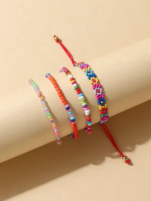 4pcs Flower Beaded Bracelet Boho Style Crafted Small Beads Design Stretchy