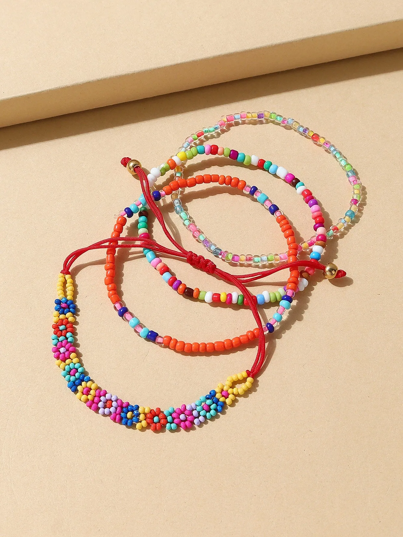 4pcs Flower Beaded Bracelet Boho Style Crafted Small Beads Design Stretchy
