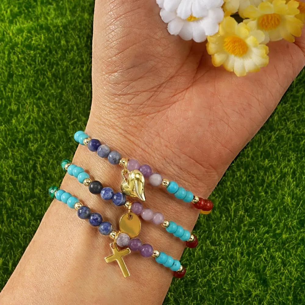 7 Chakra Healing Crystal Bracelets for Women,Gold Plated Love Heart Ellipse Cross Candy Beaded Charm Energy Stone Beads Friendship Good Luck Handmade Fashion Jewelry Gifts