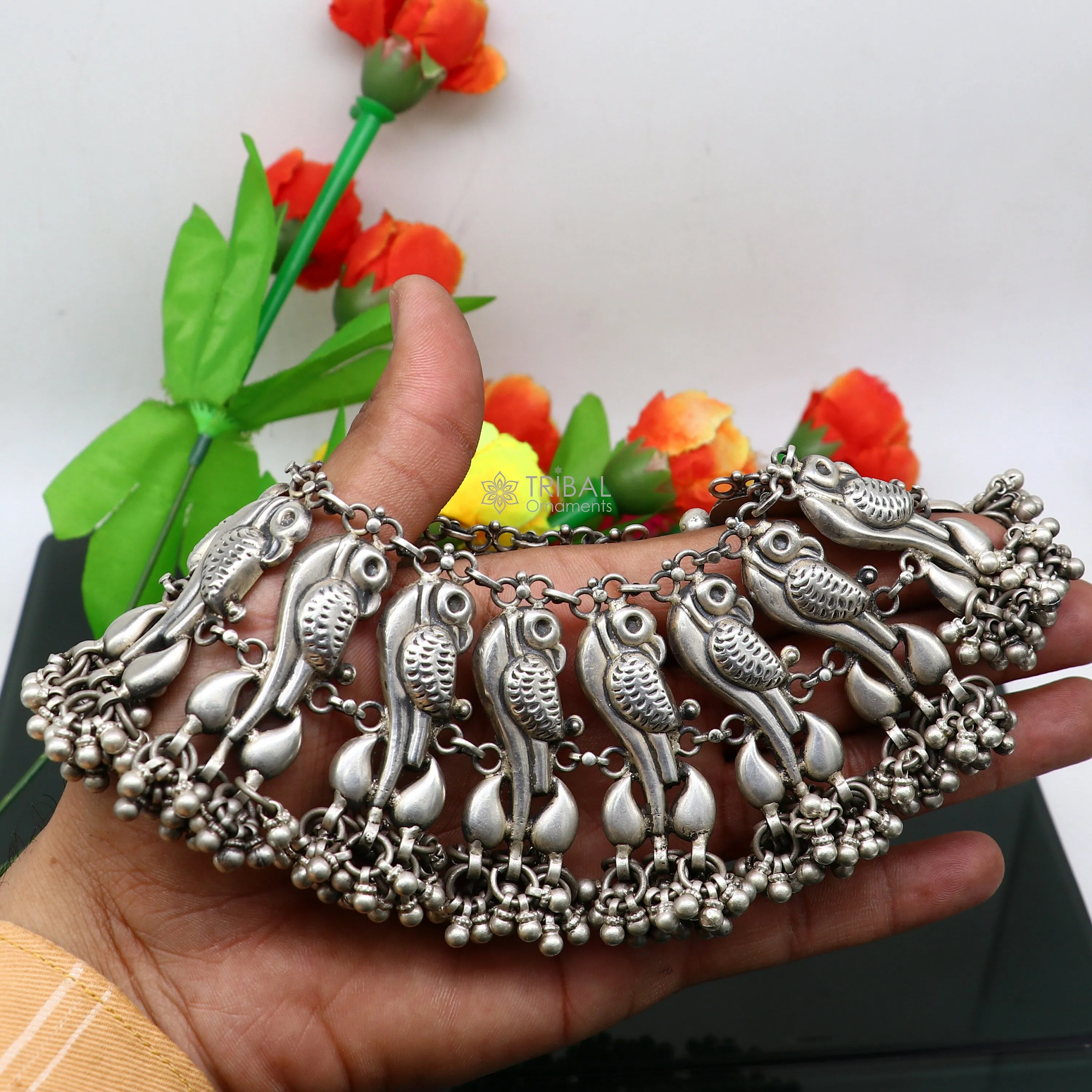 925 Sterling silver cultural stylish Vintage handmade peacock design belly dance anklets bracelet indian tribal ethnic jewelry ank540
