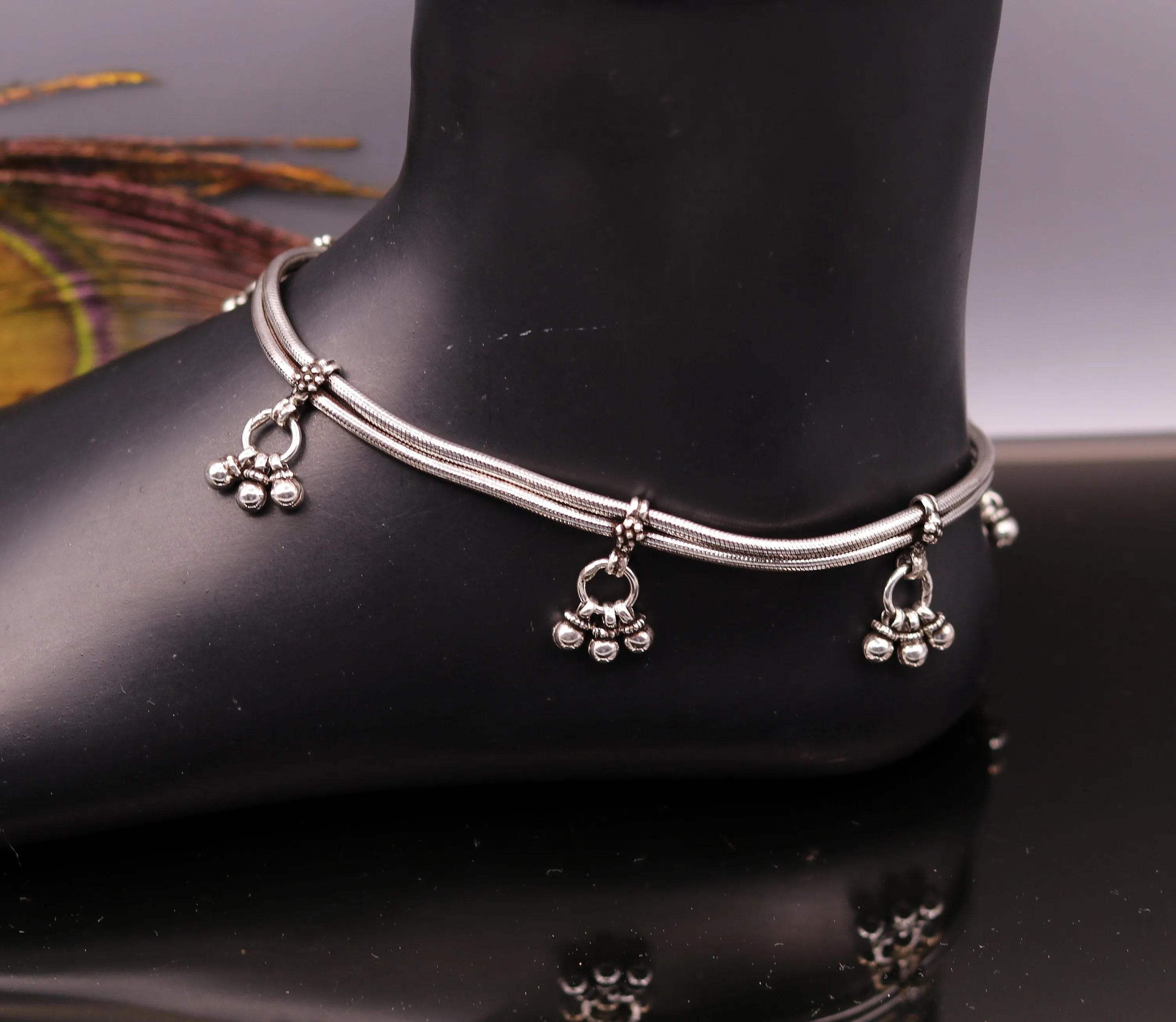 925 Sterling silver handmade vintage antique design stylish anklet foot bracelet with hanging bells tribal belly dance jewelry ank28