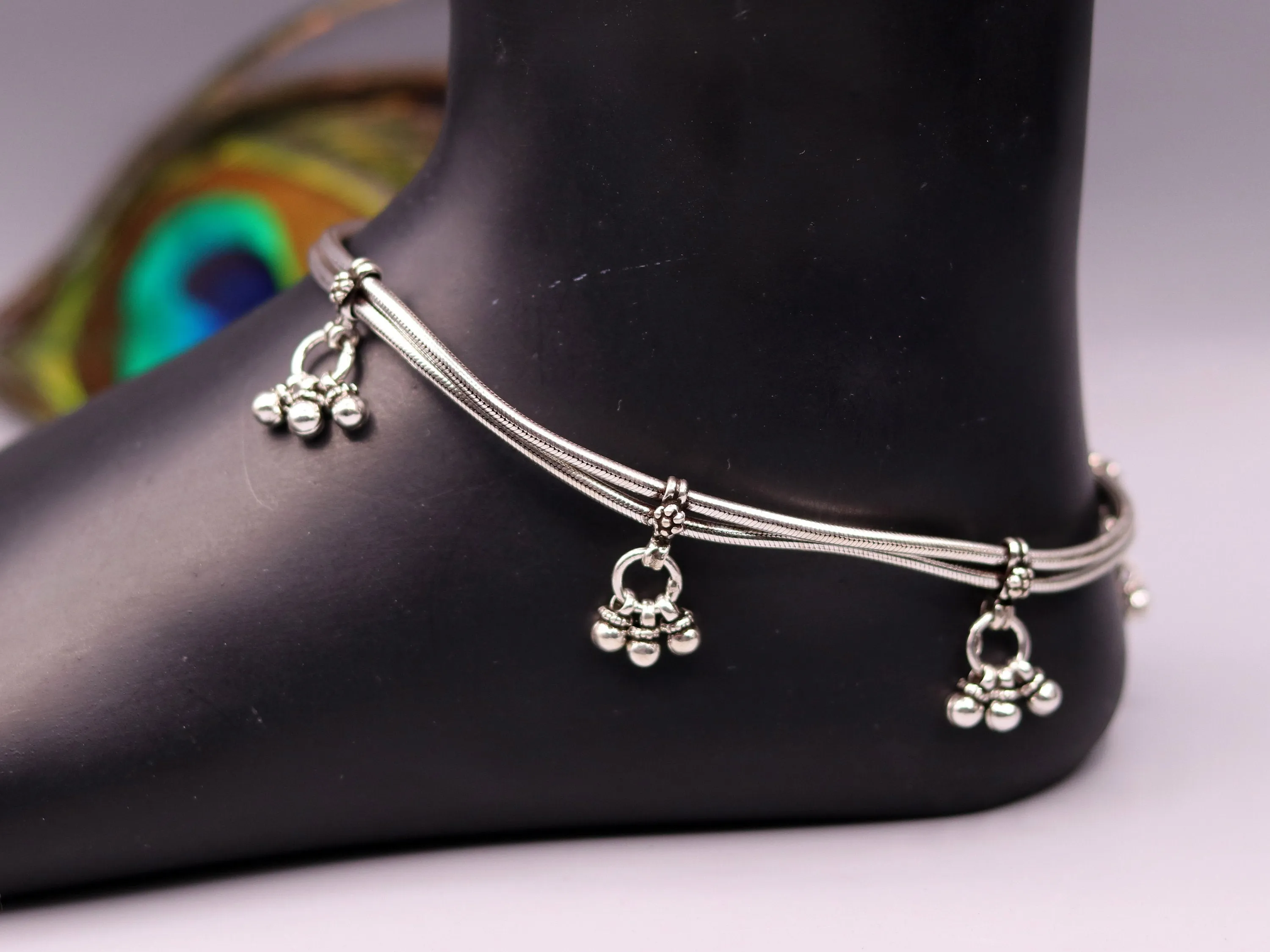 925 Sterling silver handmade vintage antique design stylish anklet foot bracelet with hanging bells tribal belly dance jewelry ank28