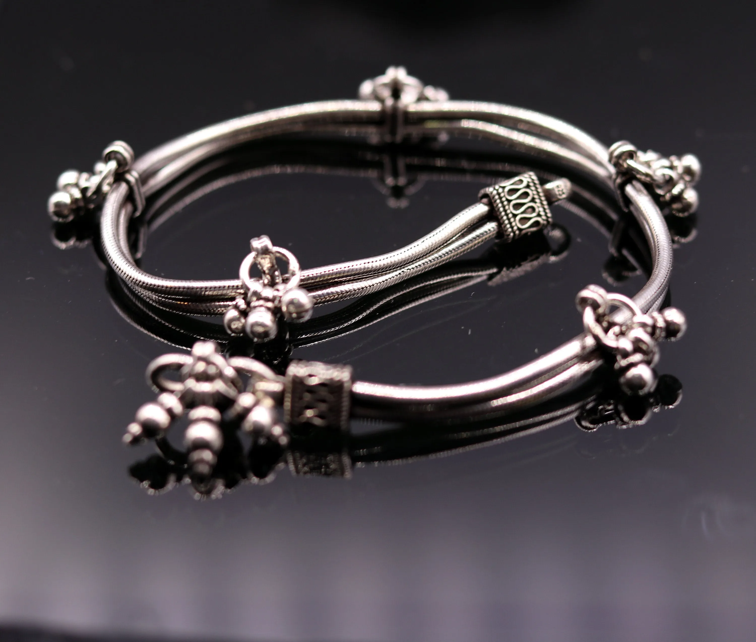 925 Sterling silver handmade vintage antique design stylish anklet foot bracelet with hanging bells tribal belly dance jewelry ank28
