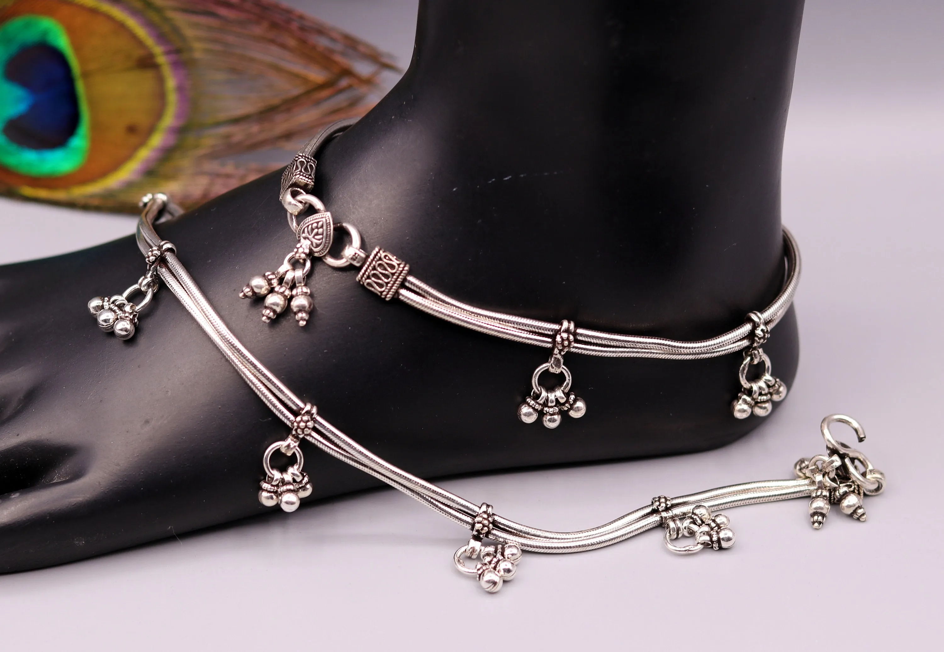 925 Sterling silver handmade vintage antique design stylish anklet foot bracelet with hanging bells tribal belly dance jewelry ank28