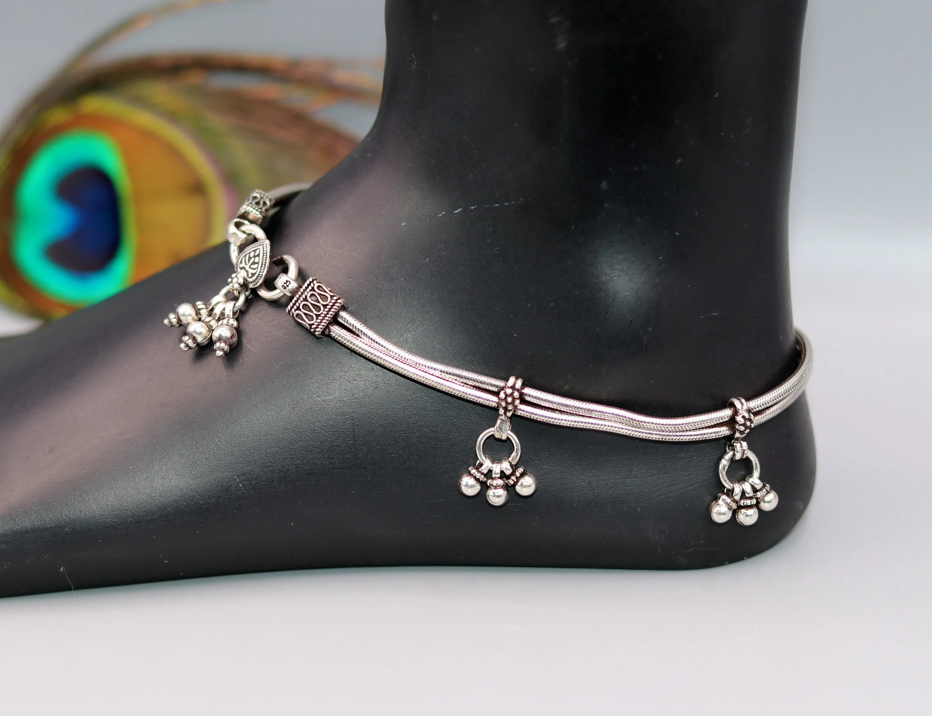 925 Sterling silver handmade vintage antique design stylish anklet foot bracelet with hanging bells tribal belly dance jewelry ank28