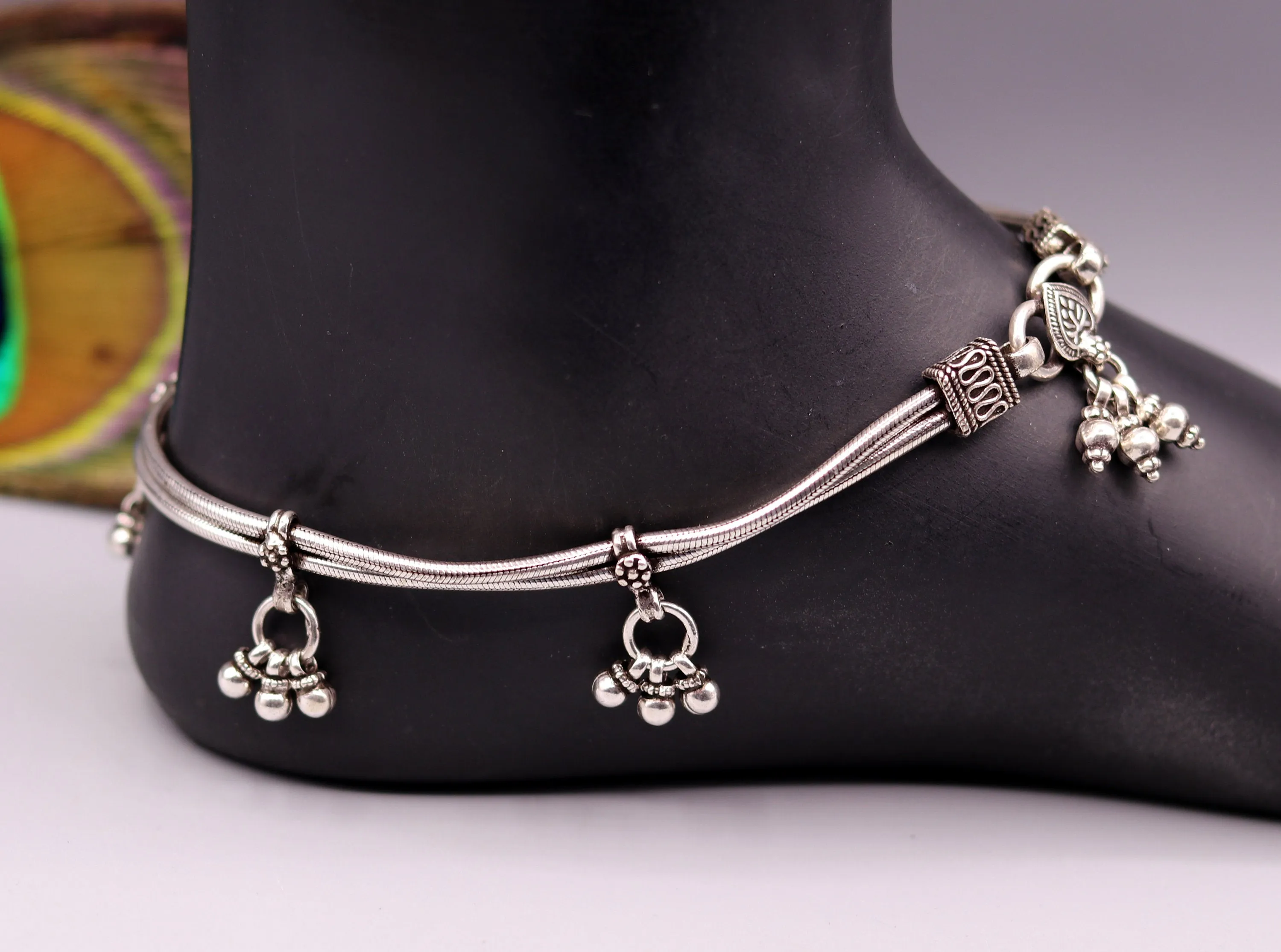 925 Sterling silver handmade vintage antique design stylish anklet foot bracelet with hanging bells tribal belly dance jewelry ank28