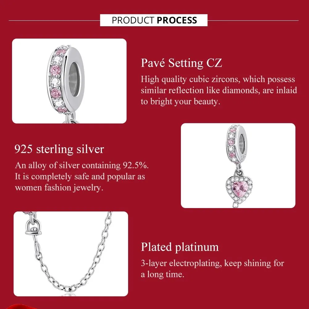 925 Sterling Silver Heart Zircon Safety Chain For Diy Bracelets & Necklaces