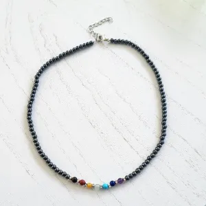 BESHEEK Silvertone Rainbow Hematite Chakra Beaded Adjustable Necklace? Handmade Hypoallergenic Boho Beach Gala Wedding Style Fashion Jewelry