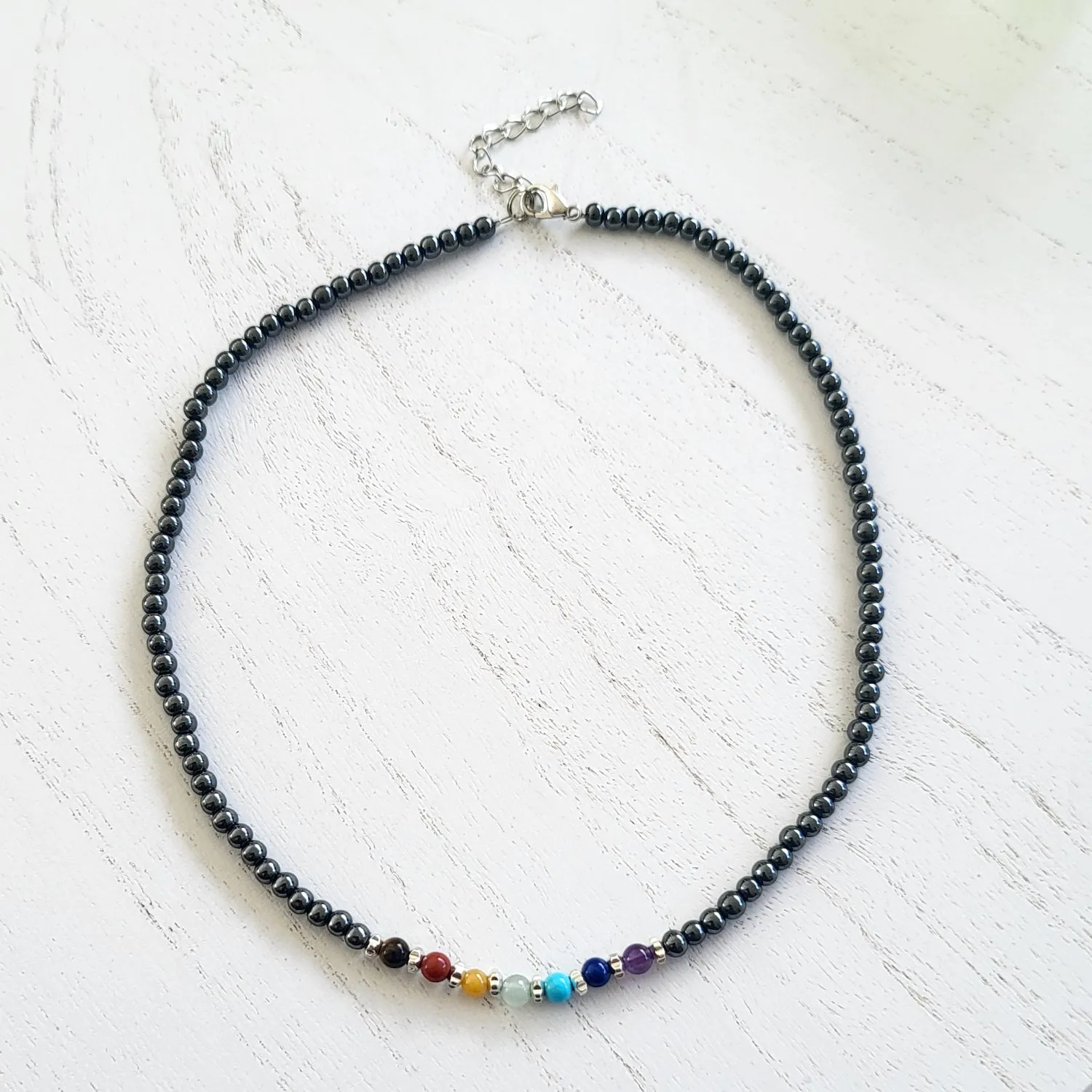 BESHEEK Silvertone Rainbow Hematite Chakra Beaded Adjustable Necklace? Handmade Hypoallergenic Boho Beach Gala Wedding Style Fashion Jewelry