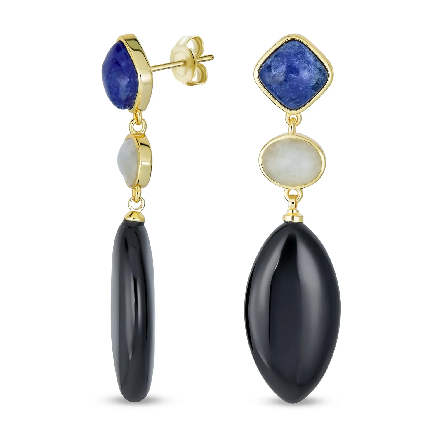 Boho Dangle Gemstone Earrings Blue Lapis & Onyx in 14K Gold Plated