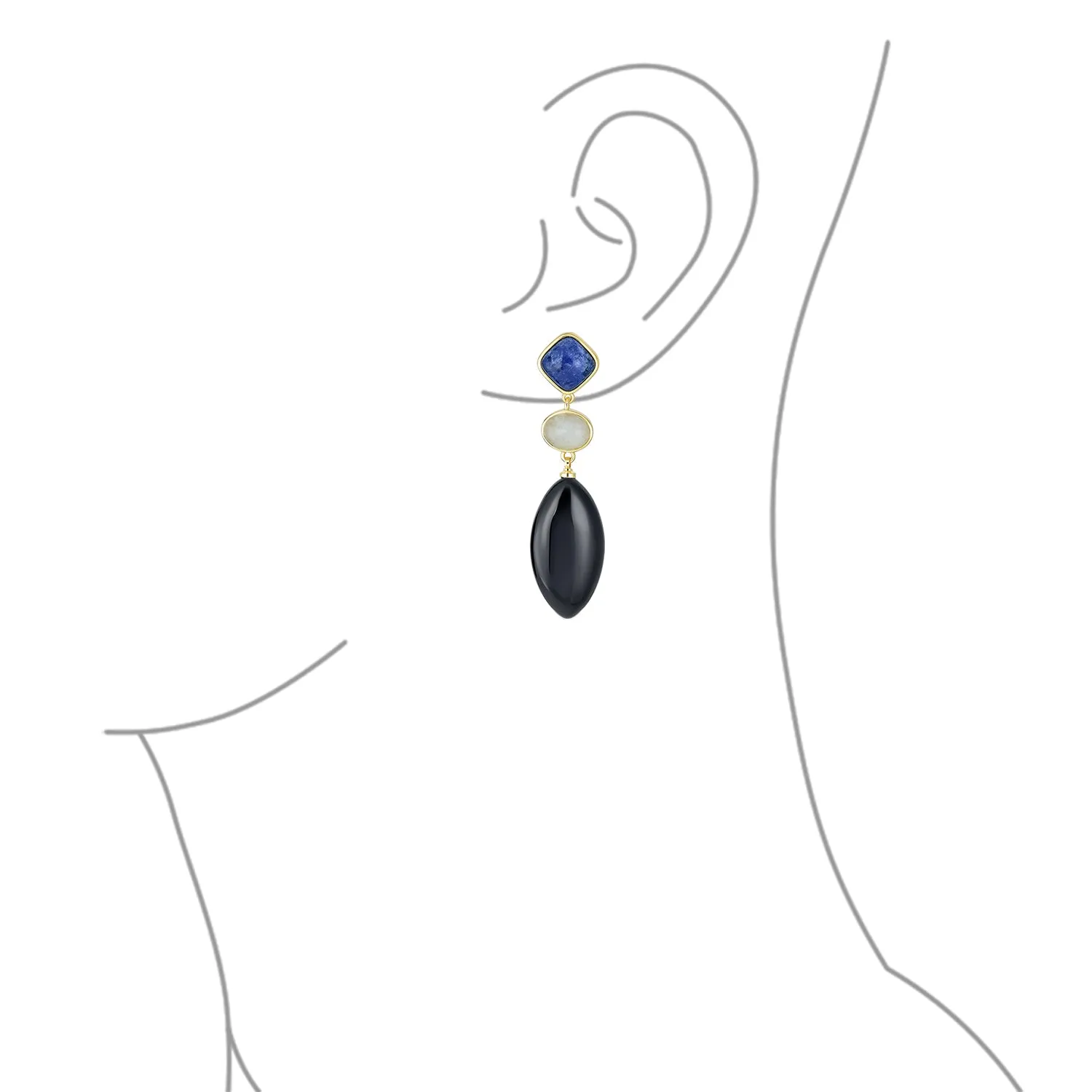 Boho Dangle Gemstone Earrings Blue Lapis & Onyx in 14K Gold Plated