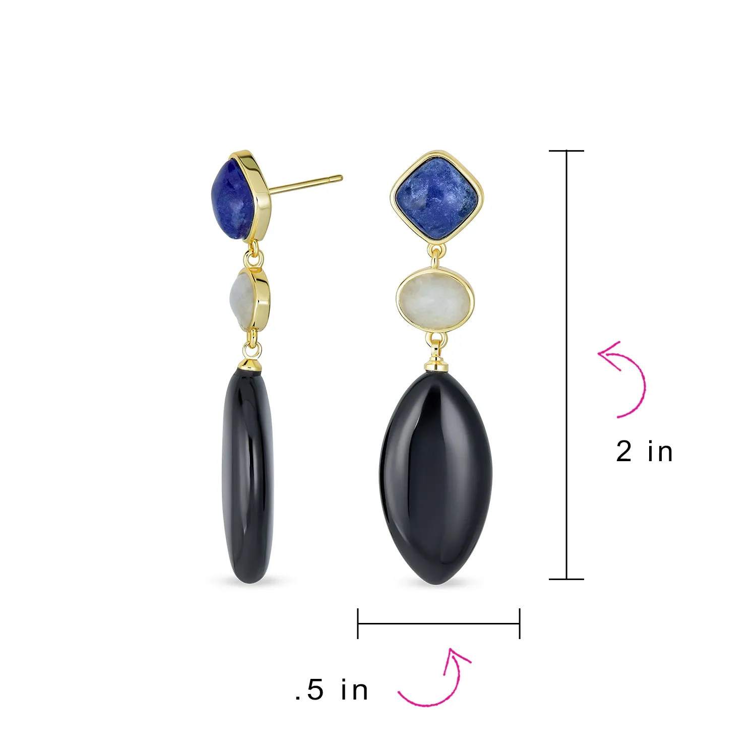 Boho Dangle Gemstone Earrings Blue Lapis & Onyx in 14K Gold Plated
