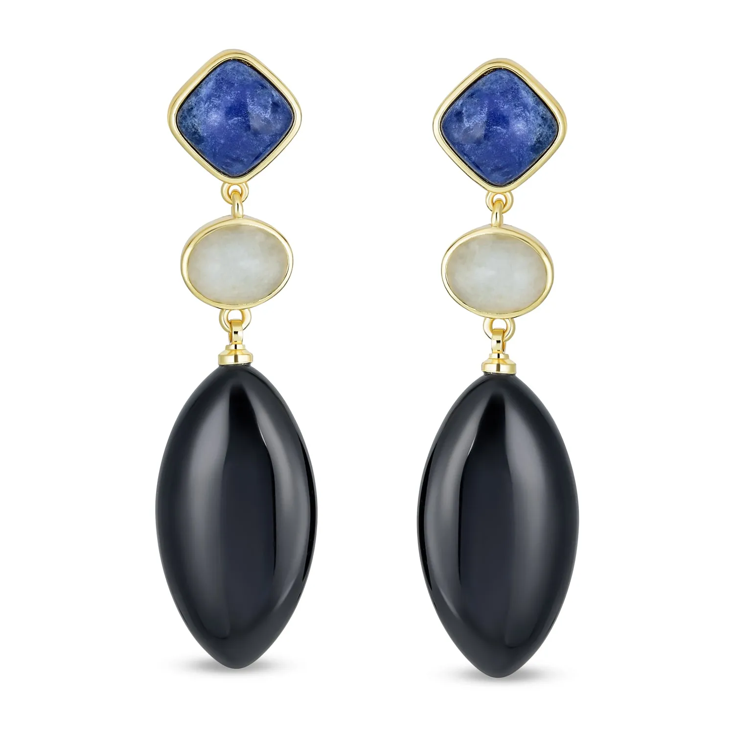 Boho Dangle Gemstone Earrings Blue Lapis & Onyx in 14K Gold Plated