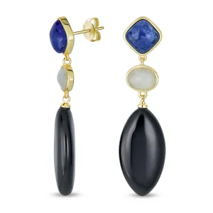 Boho Dangle Gemstone Earrings Blue Lapis & Onyx in 14K Gold Plated