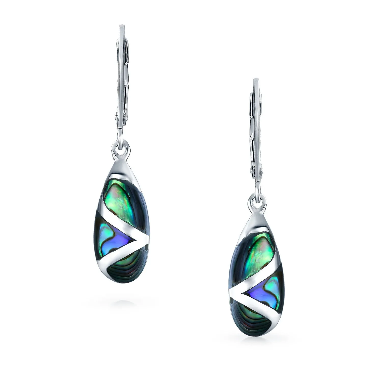 Boho Rainbow Abalone Shell Teardrop Dangle Earrings  Sterling Silver Lever Back