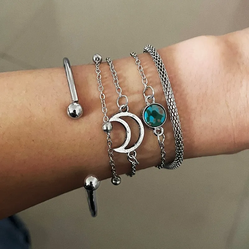 Boho Thick Gold Color Charm Bracelets Bangles New Fashion Jewelry 4pcs Punk Curb Cuban Chain Bracelets Set for Women Gifts