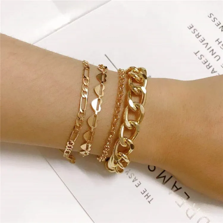 Boho Thick Gold Color Charm Bracelets Bangles New Fashion Jewelry 4pcs Punk Curb Cuban Chain Bracelets Set for Women Gifts