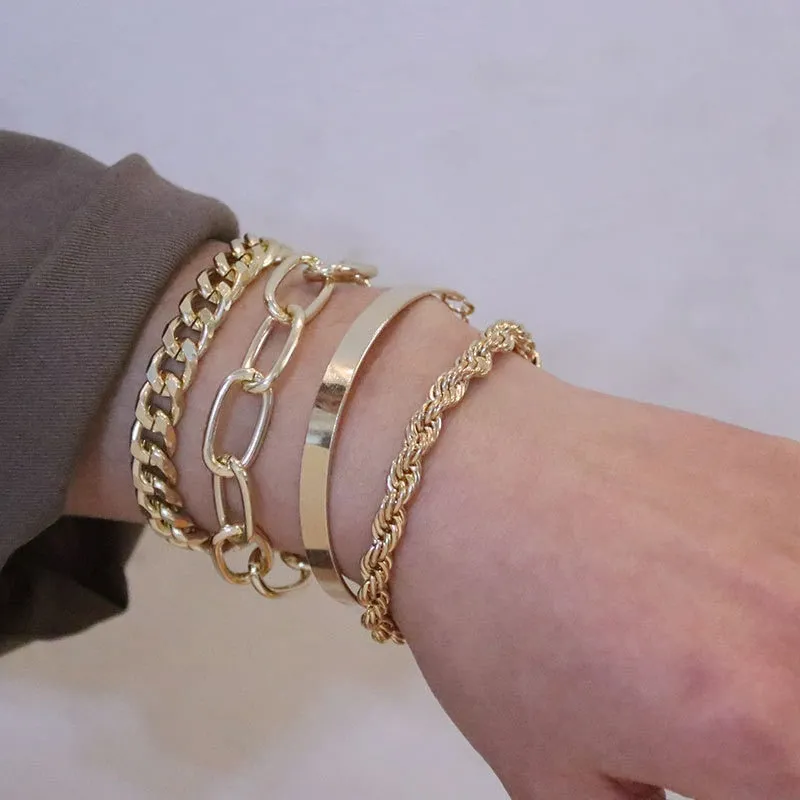 Boho Thick Gold Color Charm Bracelets Bangles New Fashion Jewelry 4pcs Punk Curb Cuban Chain Bracelets Set for Women Gifts