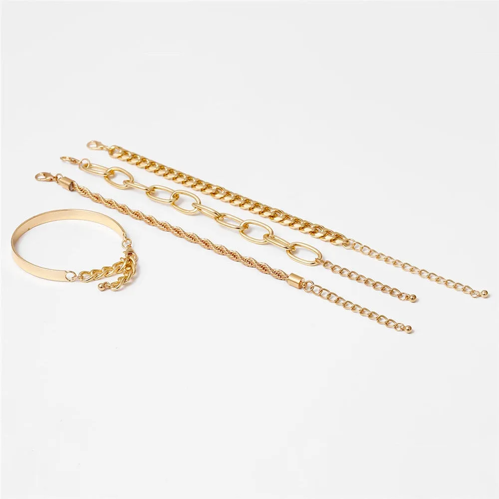 Boho Thick Gold Color Charm Bracelets Bangles New Fashion Jewelry 4pcs Punk Curb Cuban Chain Bracelets Set for Women Gifts