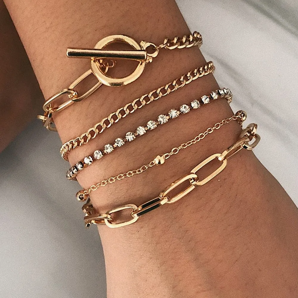 Boho Thick Gold Color Charm Bracelets Bangles New Fashion Jewelry 4pcs Punk Curb Cuban Chain Bracelets Set for Women Gifts