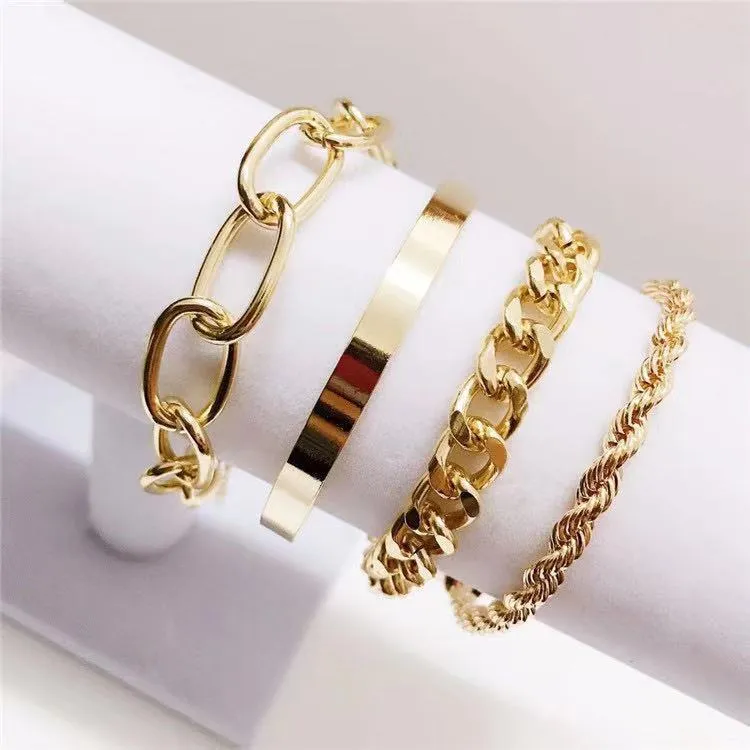 Boho Thick Gold Color Charm Bracelets Bangles New Fashion Jewelry 4pcs Punk Curb Cuban Chain Bracelets Set for Women Gifts