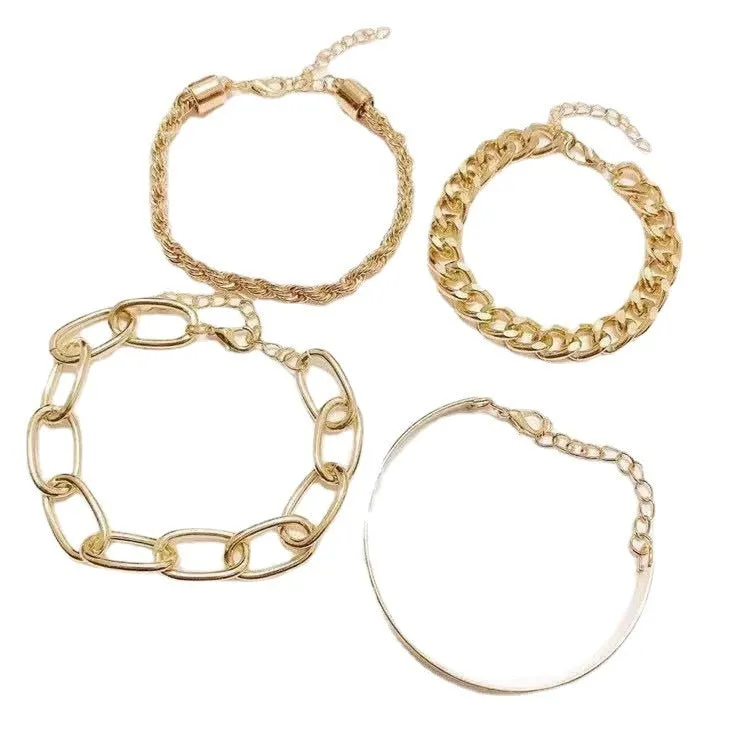Boho Thick Gold Color Charm Bracelets Bangles New Fashion Jewelry 4pcs Punk Curb Cuban Chain Bracelets Set for Women Gifts