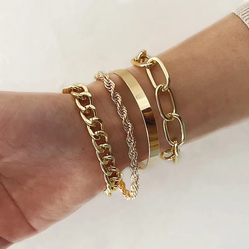 Boho Thick Gold Color Charm Bracelets Bangles New Fashion Jewelry 4pcs Punk Curb Cuban Chain Bracelets Set for Women Gifts