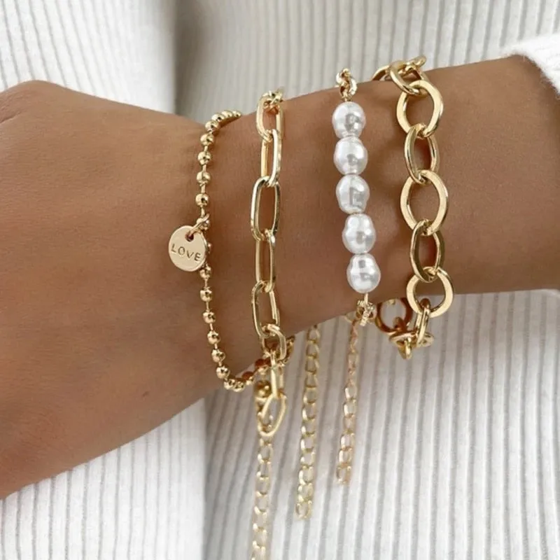 Boho Thick Gold Color Charm Bracelets Bangles New Fashion Jewelry 4pcs Punk Curb Cuban Chain Bracelets Set for Women Gifts