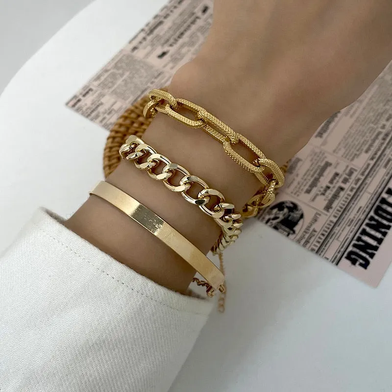 Boho Thick Gold Color Charm Bracelets Bangles New Fashion Jewelry 4pcs Punk Curb Cuban Chain Bracelets Set for Women Gifts