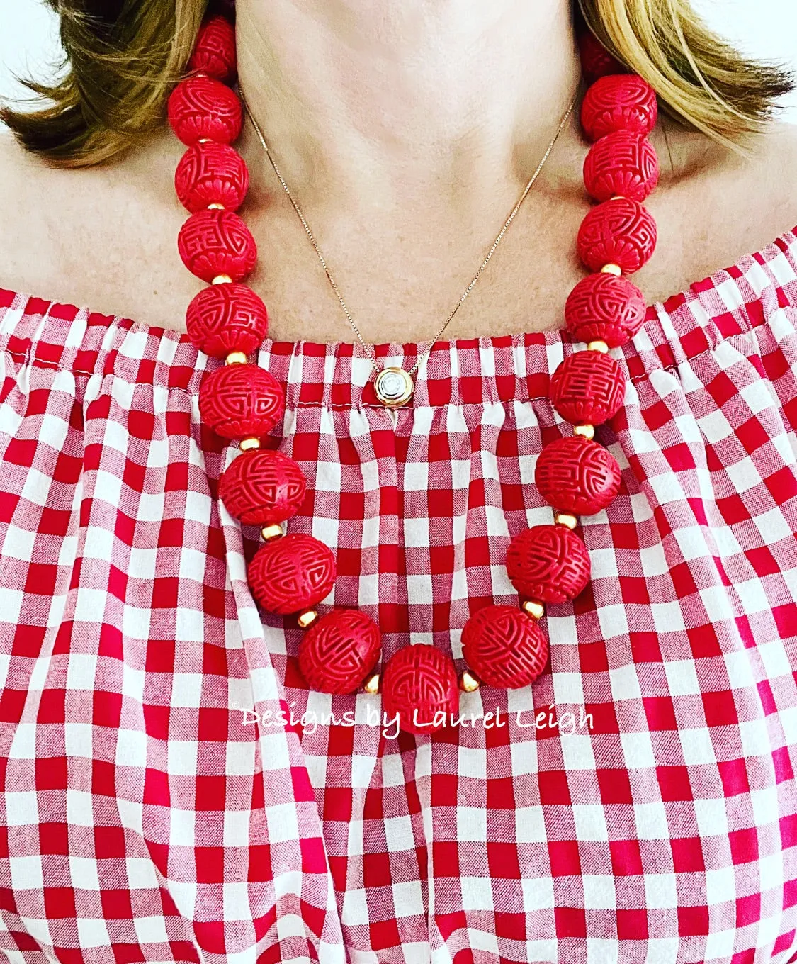 Chinoiserie Red Cinnabar Statement Necklace