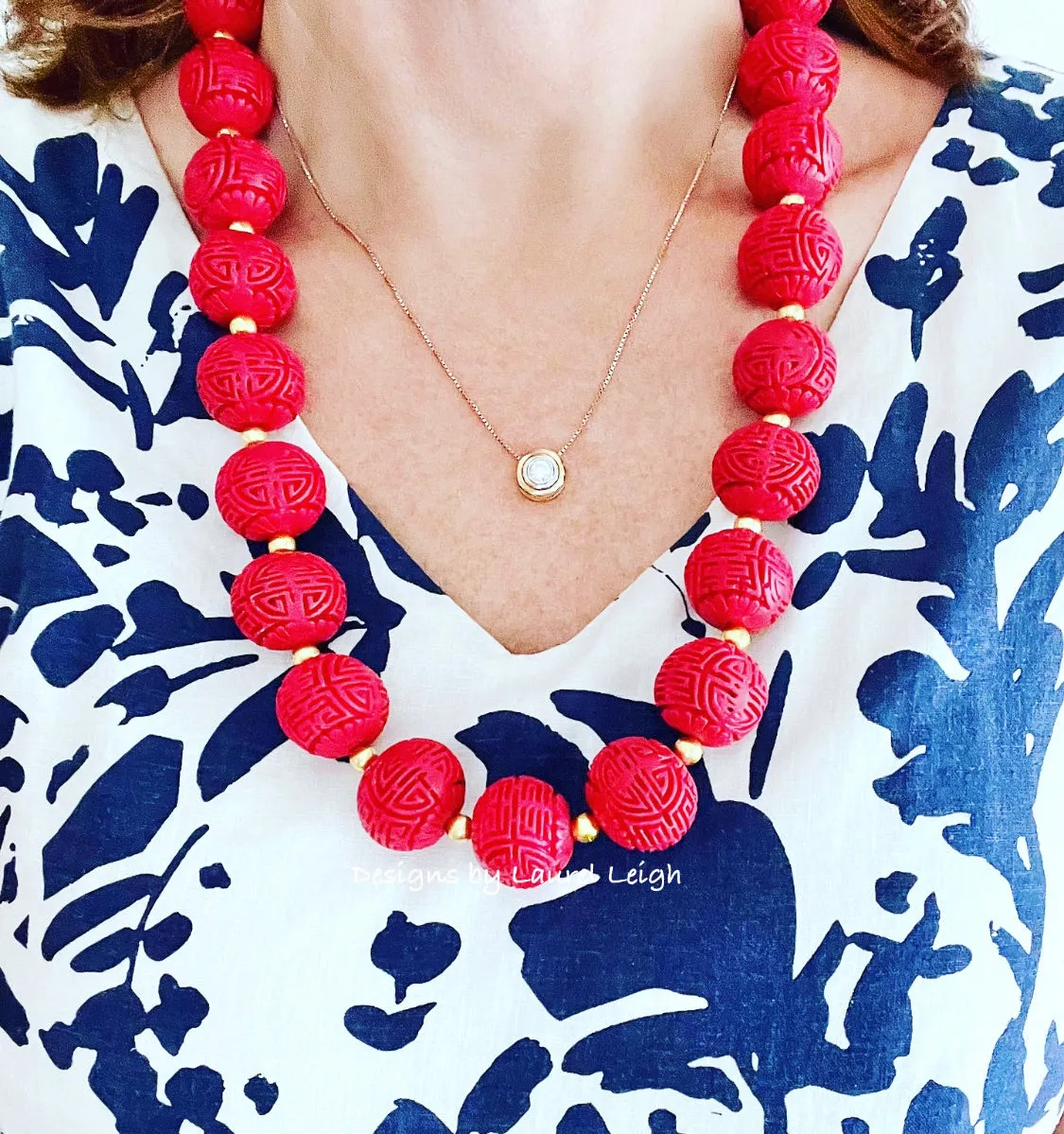 Chinoiserie Red Cinnabar Statement Necklace