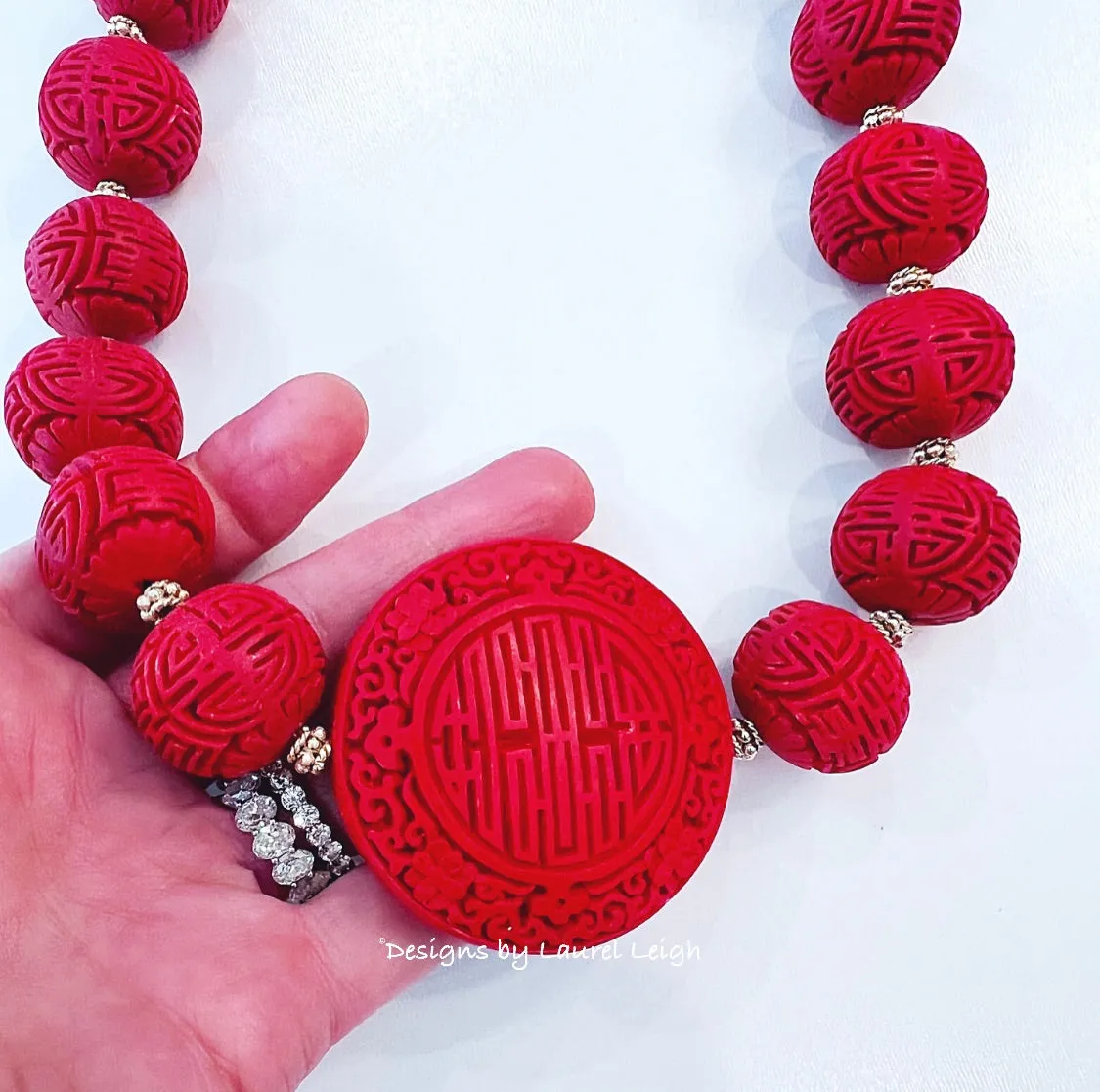Chinoiserie Red Cinnabar Statement Necklace