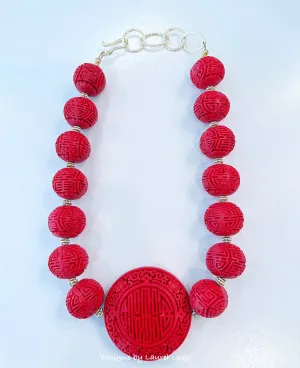 Chinoiserie Red Cinnabar Statement Necklace