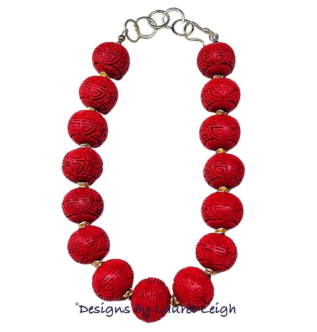 Chinoiserie Red Cinnabar Statement Necklace