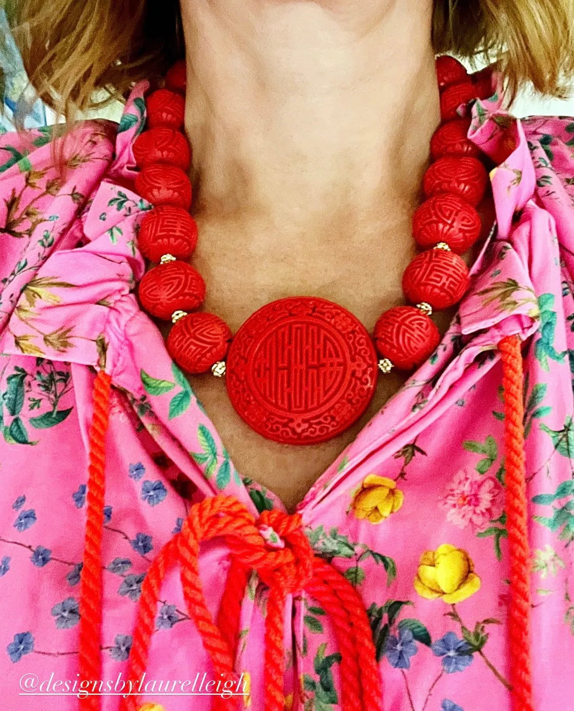 Chinoiserie Red Cinnabar Statement Necklace