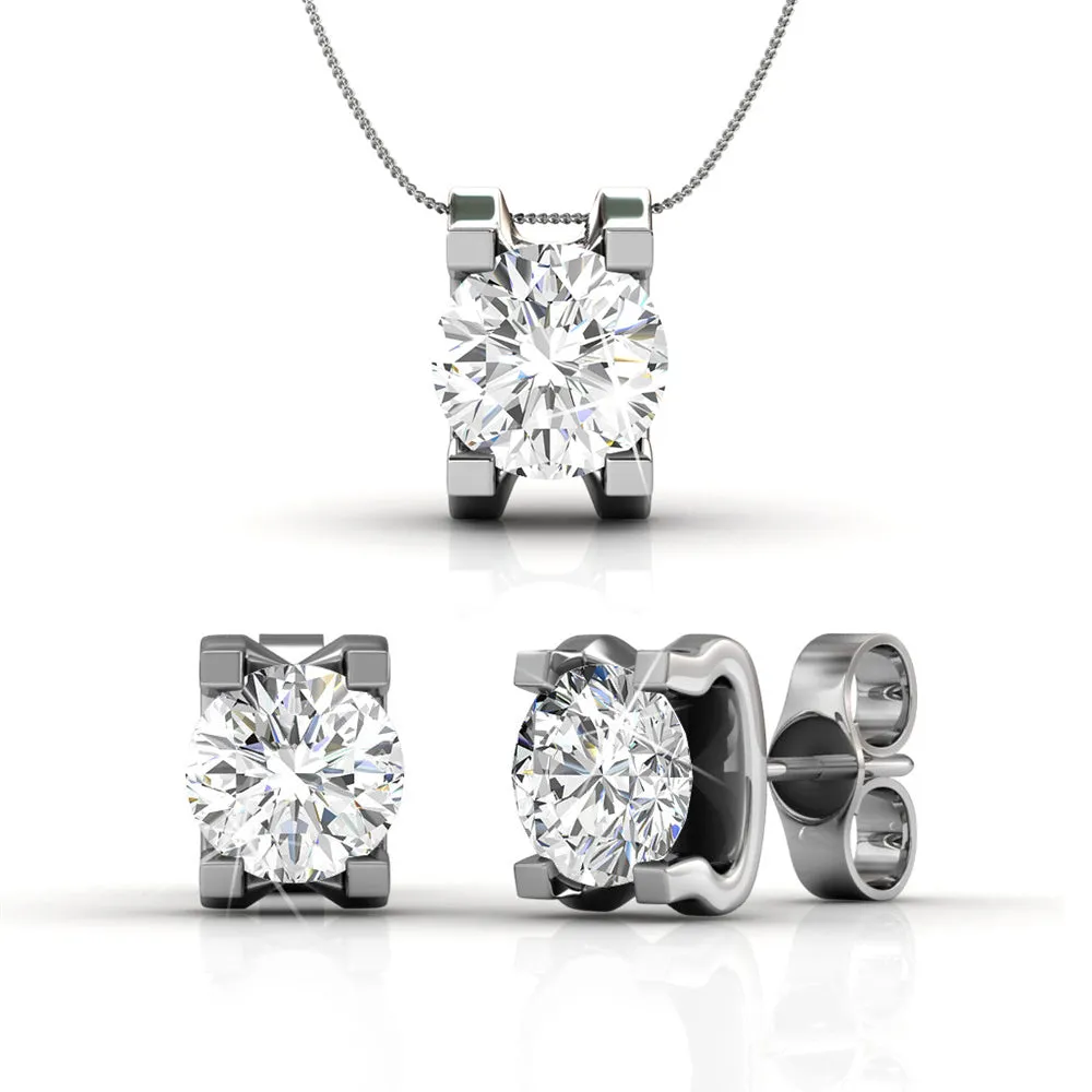 Clara 18k White Gold Plated Necklace and Earrings Jewelry Set with Solitaire Round Cut Swarovski Crystal