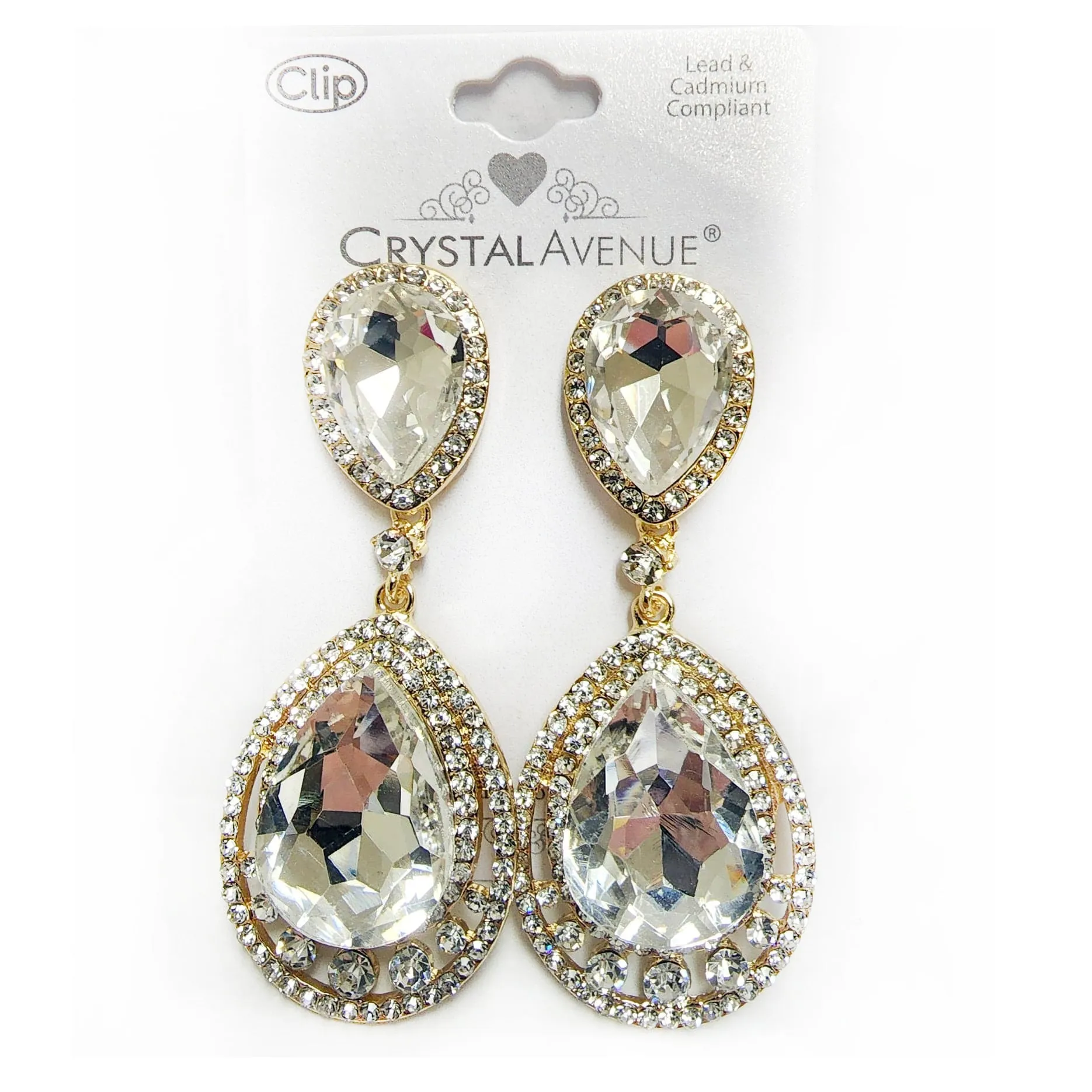 Crystal Avenue Double Teardrop Rhinestone Earrings - clip