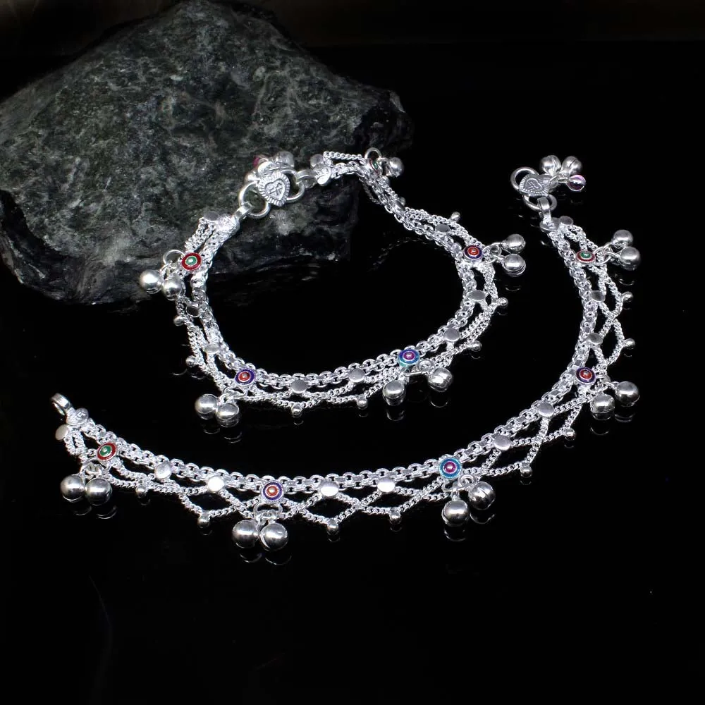 Cute 925 Solid Silver Jewelry Kids Anklets chain Indian Style baby Bracelet 7.3"