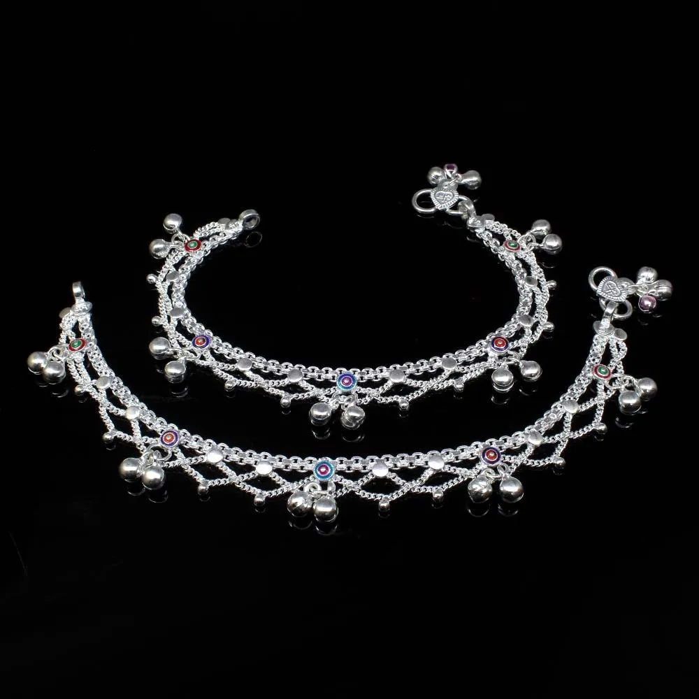Cute 925 Solid Silver Jewelry Kids Anklets chain Indian Style baby Bracelet 7.3"